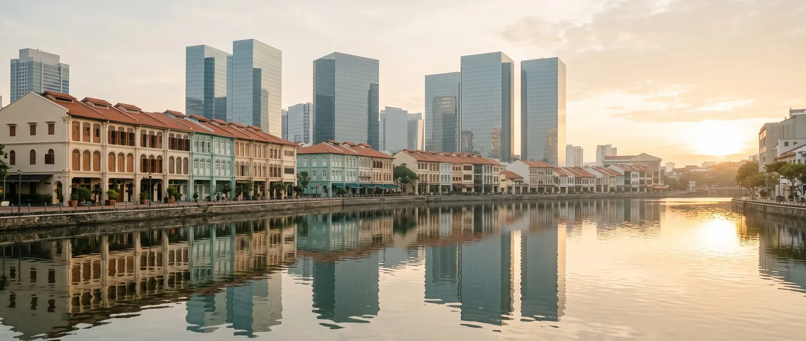 Heritage shophouses reflected in the Singapore River at dawn, glass towers rising behind