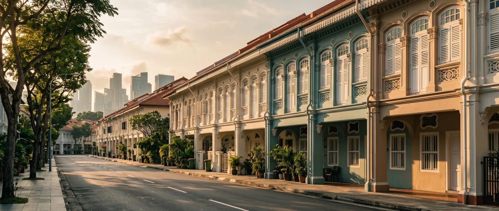 Heritage shophouses on a quiet Singapore street at golden hour, the CBD skyline in the distance
