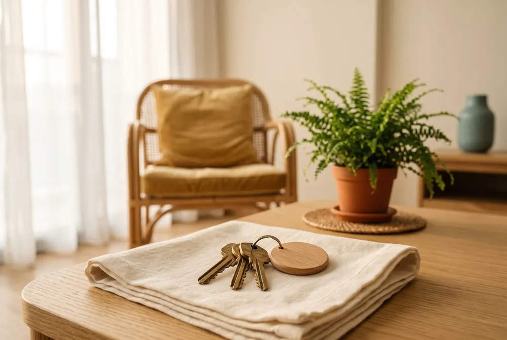 House keys resting on folded linen in a warm, sunlit living room