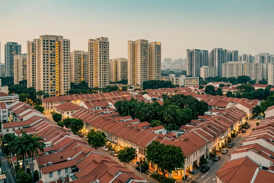 Dusk view over Singapore shophouse rooftops with residential towers glowing behind